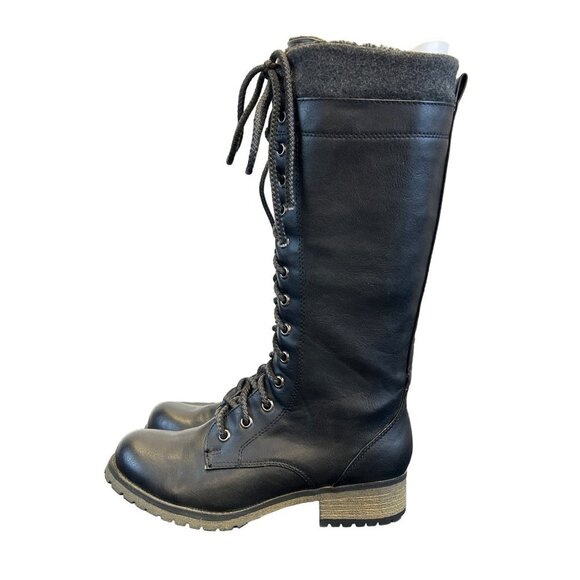 Report Maxwell Women’s Tall Boots Combat MOTO Size 6 Black Faux Fur Lace Up Zip - Picture 5 of 13